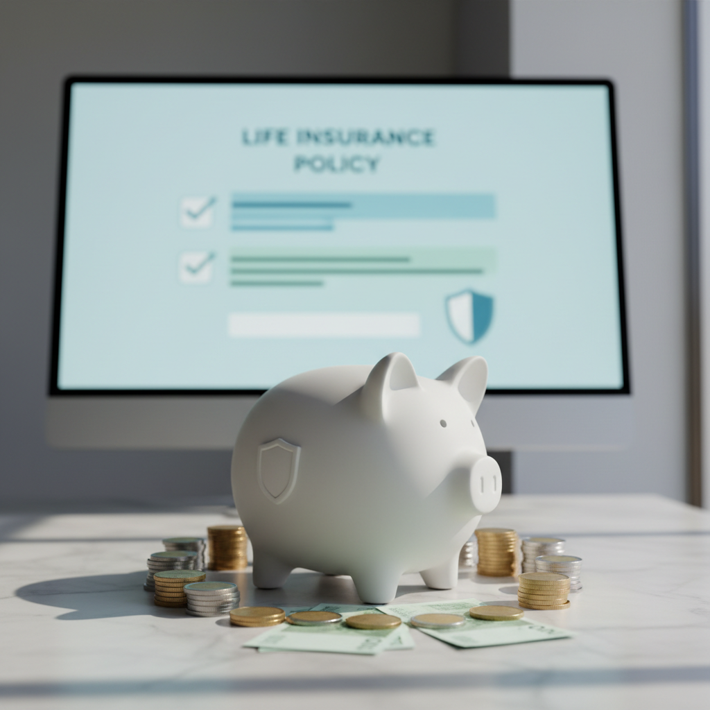 An elegant, matte-white ceramic piggy bank with a small, embossed shield symbol on its side stands centered on a smooth, light gray surface. Around its base, neatly arranged stacks of coins and a few crisp folded banknotes form a subtle semicircle. In the background, slightly out of focus, a large flat-screen monitor displays a simplified, abstract life insurance policy document with checkmarks and shield icons in soft blues and greens. Cool, natural window light from the right highlights the gentle curves of the piggy bank and the metallic sheen of the coins, while casting delicate shadows. Photographic realism, eye-level composition, and a shallow depth of field create a polished, professional mood emphasizing protection, savings, and financial security.