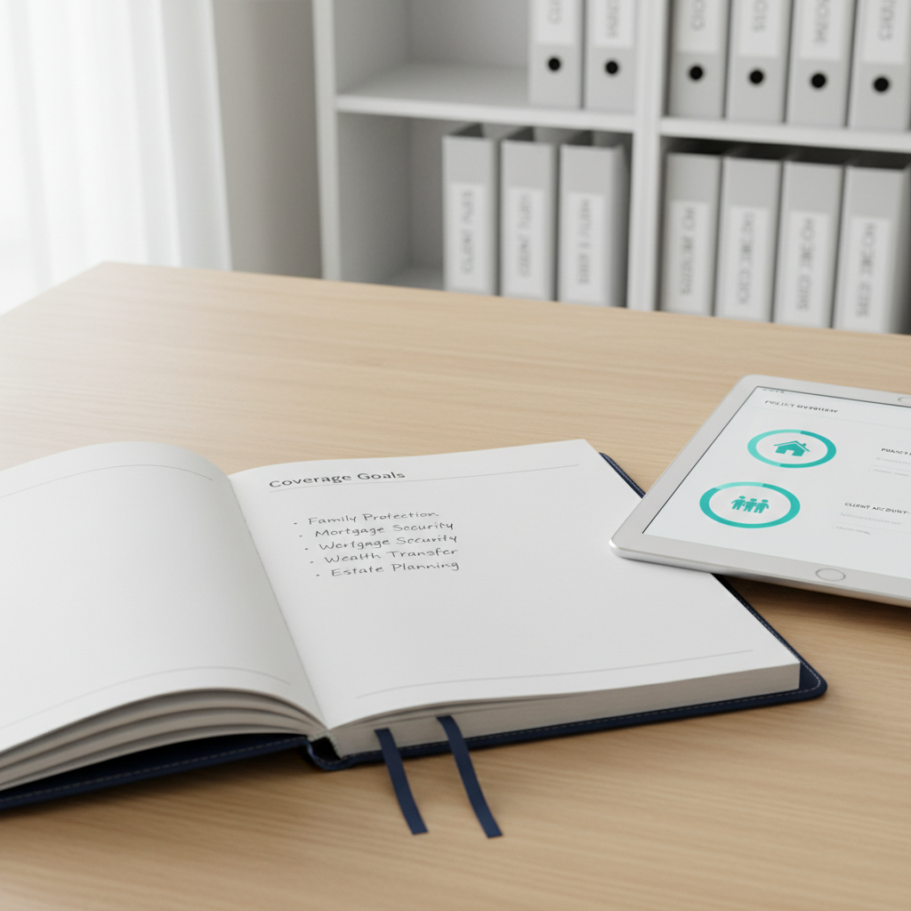 A close-up of a neatly arranged life insurance workspace featuring a navy-blue hardcover planner opened to a page titled “Coverage Goals,” beside a slim tablet showing a clean, modern insurance dashboard with charts and protection icons. The items sit on a light oak desk with a subtle grain texture. Soft, diffused daylight enters from the left, creating gentle highlights along the planner’s stitched edges and the tablet’s glass screen, with minimal, tidy shadows. In the softly blurred background, a simple white bookshelf with neatly labeled binders hints at well-organized financial planning. Photographic realism, shot from a slightly elevated angle following the rule of thirds, creates a calm, professional, and trustworthy atmosphere ideal for a life insurance information site.