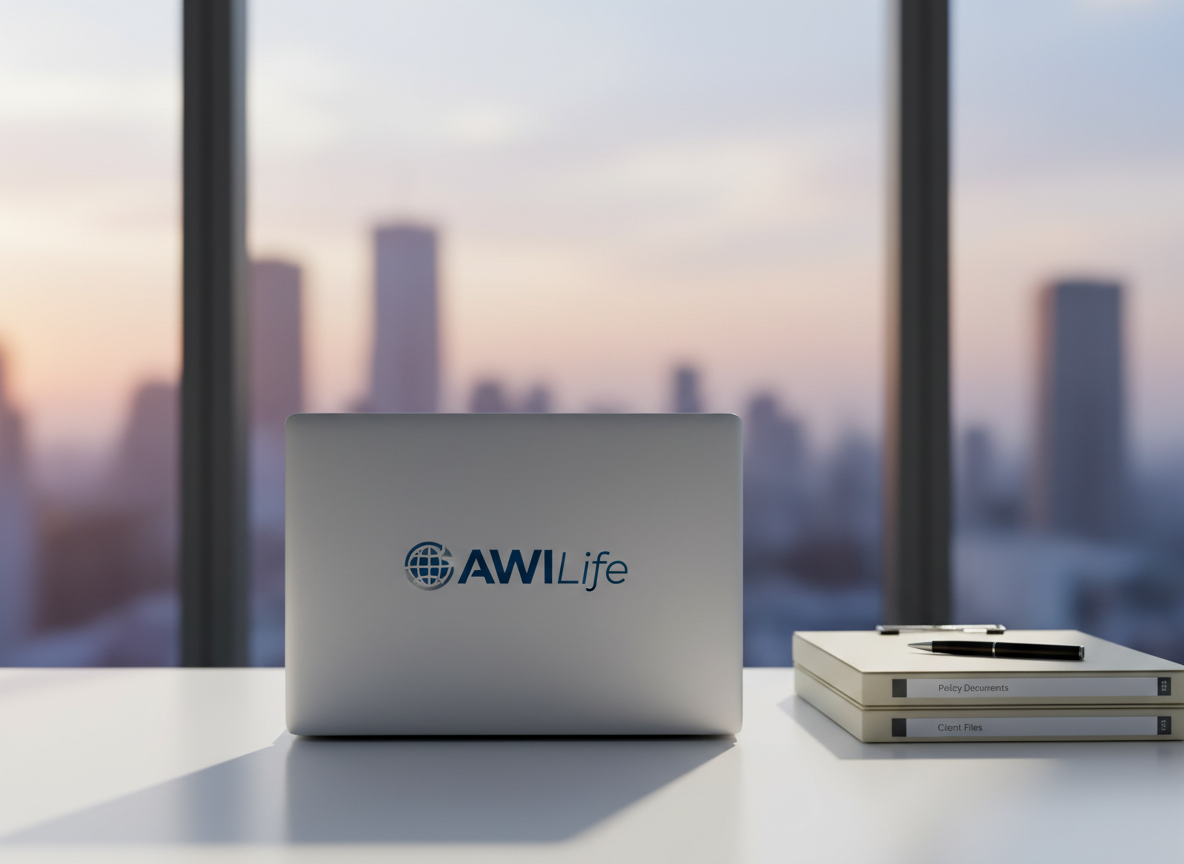 A sleek, closed silver laptop displaying the AWI Life logo on its lid, resting on a clean white desk alongside a neat stack of organized policy folders and a minimalist black pen. Behind the laptop, a large window reveals a soft, out-of-focus city skyline at sunrise, suggesting a professional, modern office environment. Gentle morning light spills across the desk, creating subtle reflections on the laptop’s metallic surface and casting soft, elongated shadows. Shot at eye level with a shallow depth of field, the laptop and folders are in sharp photographic focus while the background melts into a calm blur. The mood is professional, reassuring, and efficient, supporting the idea of managing life insurance quotes easily online in a clean, modern aesthetic.